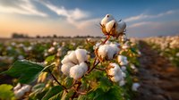 Cotton bolls ripening in agricultural field at sunset, ready for harvest and textile production.