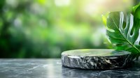 Minimalist black marble product display podium with monstera leaf against blurred green nature background for cosmetic presentation and luxury branding.