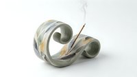 Ceramic sculptural vessel with organic curved forms, spiral design, and earth-tone glazing featuring gray, cream, and ochre tones. Isolated on white background for design use.