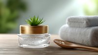 Luxurious cosmetic jar with gold lid and succulent plant decoration on wooden surface near spa accessories and soft towels in natural light setting.