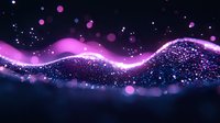 Glowing purple and blue waves with sparkling particles and bokeh effects create magical atmosphere against dark background. Suitable for abstract designs.