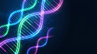 Glowing DNA double helix strands with neon colors on dark background for biotechnology and genetic research presentations.