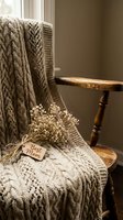 Cozy knitted blanket with cable pattern draped over wooden chair with dried flowers and gift tag creating warm home interior atmosphere for comfort design.