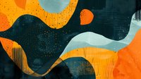 Abstract wavy composition featuring orange and teal shapes with textured effects, gold sparkles, and flowing lines creating dynamic movement on dark background.
