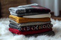 Stack of cozy winter sweaters and knitted clothing in burgundy, mustard yellow and gray tones arranged on white fur background, seasonal wardrobe concept.