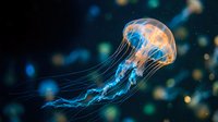 Luminous jellyfish floating gracefully through dark ocean waters with glowing tentacles and translucent bell-shaped body against deep blue marine background.