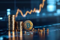 Golden cryptocurrency coin with stacked coins against digital trading chart background showing upward market trend in blue technological atmosphere.