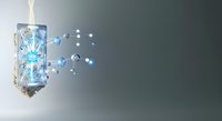 Water pouring into glass with blue glowing molecules and atoms floating, representing hydration, science, and molecular structure for health and wellness concepts.