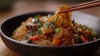 Glass noodles with vegetables and mushrooms in asian sauce, chopsticks holding noodles above dark bowl, garnished with green onions, close up food photography.