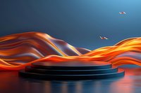 Abstract flowing orange waves with dark cylindrical podium platform for product display and presentation against blue gradient background.