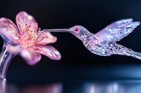Crystal hummingbird hovering near pink flower against dark background, magical nature scene with glass-like translucent bird and delicate floral details.