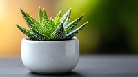 Small succulent aloe plant in round white ceramic pot against blurred green background, modern minimalist home decor and indoor gardening concept.