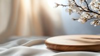 Wooden cutting board with spring cherry blossoms on soft neutral background for kitchen and cooking themes.