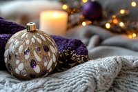 Elegant gold and white ornament rests on cozy knit fabrics with purple accents, glowing candles, and pine cones creating a warm festive holiday decoration scene.