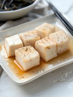 Fresh silken tofu cubes seasoned with soy sauce and black pepper served on white ceramic plate, traditional Asian appetizer with delicate texture.
