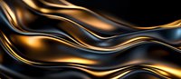 Luxurious black and gold metallic waves create elegant flowing pattern with smooth glossy texture on dark background. Abstract design for luxury branding.