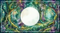 Enchanted forest frame with mystical trees, glowing moon and magical foliage in watercolor style for fantasy designs and nature-themed projects.
