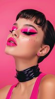 Asian woman with bright pink makeup, glossy lips, dramatic winged eyeliner, and black latex choker against pink background. Fashion beauty portrait showcasing creative cosmetics art.