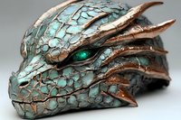 Fantasy dragon head sculpture with cracked turquoise patina texture and copper metallic finish. Glowing green eye creates mysterious mythical atmosphere.