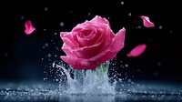 Pink rose emerging from water splash with falling petals against dark background, droplets frozen in motion creating dramatic effect for romantic and artistic designs.