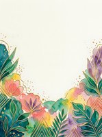 Watercolor floral frame with vibrant blooms and foliage in coral, teal, and purple tones on cream background, isolated for design use.