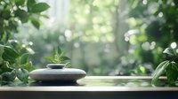 Zen stones stacked on wooden surface with green leaves and soft bokeh background creating peaceful spa atmosphere for wellness and meditation practices.