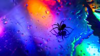 Spider silhouette against vibrant multicolored abstract background with water drops, creating mysterious Halloween atmosphere. Suitable for seasonal designs.