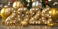 Illuminated golden 2026 numbers with light bulbs surrounded by festive gold and silver Christmas ornaments on glittery surface against blurred holiday background.