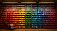 Spectacular rainbow library with color-coordinated books arranged from red to purple on wooden shelves with warm lighting for education and reading concepts.