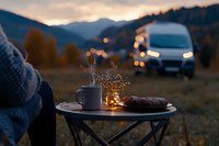 Cozy evening camping scene with steaming coffee cup and fairy lights on portable table, car headlights and mountain silhouettes in background during golden hour sunset.