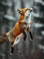 Majestic red fox leaping gracefully in winter forest, capturing dynamic movement against blurred snowy background. Perfect for wildlife magazines, nature documentaries, and conservation projects.