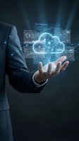 Businessman in suit holding glowing cloud computing hologram with AI dashboards and global connectivity data panels above open palm.