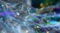 Ethereal abstract background with iridescent waves and sparkles in blue and purple tones, featuring luminous bokeh effects and flowing light trails.