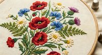 Embroidered wildflower bouquet with red poppies, blue cornflowers, white daisies and purple thistles on natural linen fabric in wooden hoop for crafting projects.