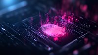 Digital fingerprint scan with glowing pink cybersecurity visualization on dark circuit board background, representing biometric authentication and data protection technology.