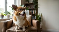 Intelligent corgi dog wearing glasses sitting on leather armchair in modern living room with plants, showcasing pet wisdom and home comfort for lifestyle content.