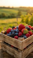 Fresh mixed berries in rustic wooden crate at golden hour sunset with blurred countryside landscape background for organic farm harvest concept.