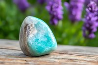 Polished amazonite crystal on wooden surface with purple flowers in background, showcasing natural mineral texture and healing stone properties.