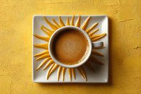 Cup of fresh coffee on white square plate with sun rays pattern, placed on textured yellow background. Creative morning drink composition.