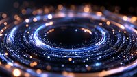 Glowing blue circular light trails with bokeh effects on dark background create futuristic technology concept with motion and energy flow pattern.