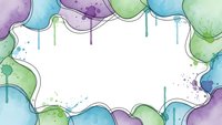 Watercolor paint drips frame with purple, blue and green colors creating decorative border on white background for creative projects and artistic designs.