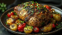 Juicy roasted pork tenderloin seasoned with herbs and black pepper, served with golden baby potatoes and cherry tomatoes on rustic plate. Dark food photography.