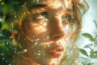 Close up portrait of young woman with glowing skin in dappled sunlight through leaves, ethereal dreamy atmosphere with natural bokeh and light effects.