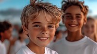 Smiling preteen Caucasian boy with blonde hair and friend in white t-shirt outdoors on sunny day, natural lighting and warm tones create positive atmosphere.