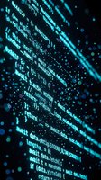 Blue glowing programming code on computer screen with digital particles and bokeh effects for technology and software development projects.