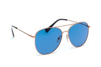Stylish aviator sunglasses with gold metal frame and vibrant blue mirrored lenses on white background, isolated for easy design integration and commercial use.
