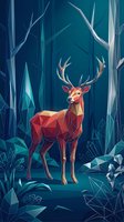 Geometric low poly deer with antlers standing in stylized forest with angular trees and foliage in blue and teal tones for modern design projects.