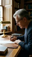 Senior man with gray hair and glasses writing at wooden desk in library study room with brass lamp and books for professional work and education concepts.