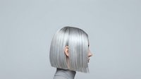 Woman with sleek silver bob haircut in profile against neutral background, showcasing modern hair styling and salon services for beauty and fashion design projects.