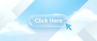 Glassmorphism click here button with cursor on soft blue sky background, modern UI element for web design and digital interfaces.